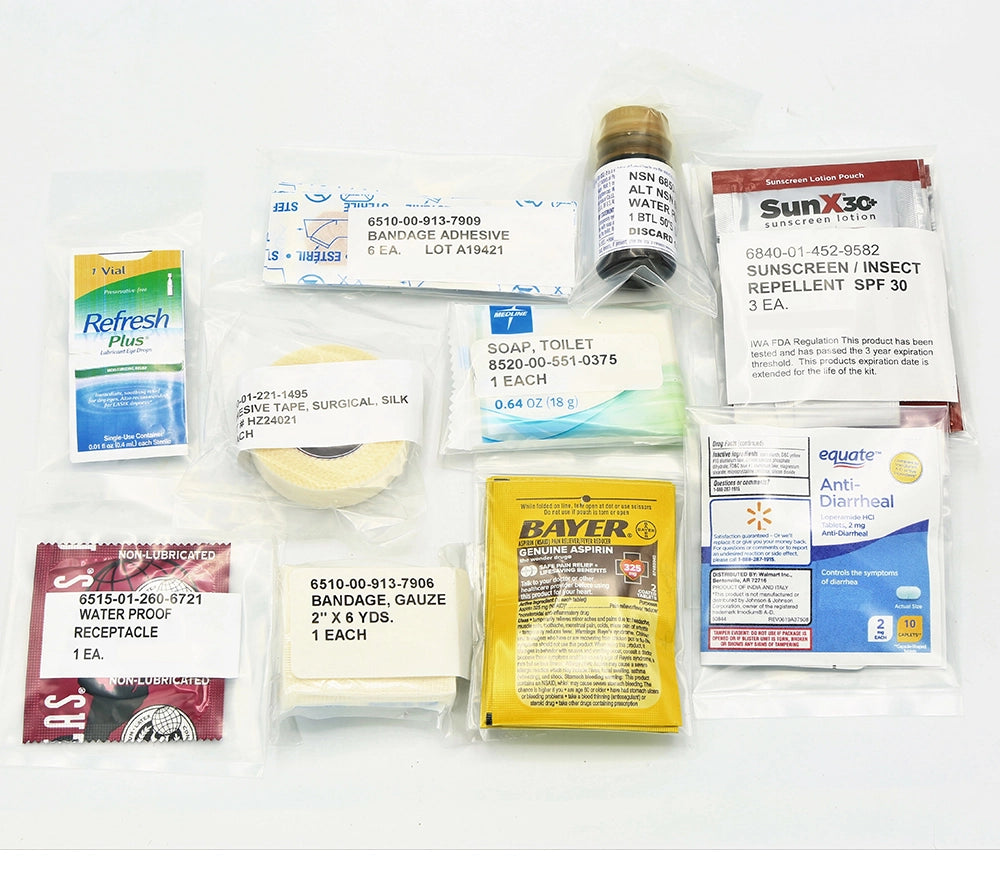 The Medical Module NSN: 6545-00-231-9421 contains water treatment tablets, OTC meds, bandage and wound dressing material, insect repellent, sunscreen and more.