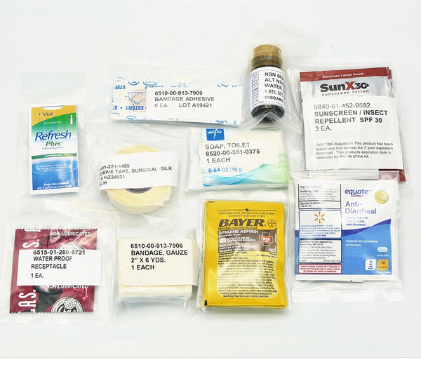 The Medical Module NSN: 6545-00-231-9421 contains water treatment tablets, OTC meds, bandage and wound dressing material, insect repellent, sunscreen and more.
