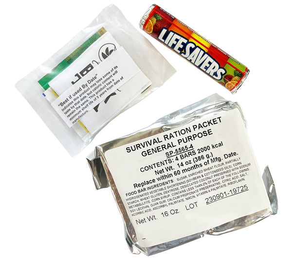 Each General Purpose Ration contains a hard candy sucrose ration, soup packet, tea packet, and four high-calorie emergency ration bars.
