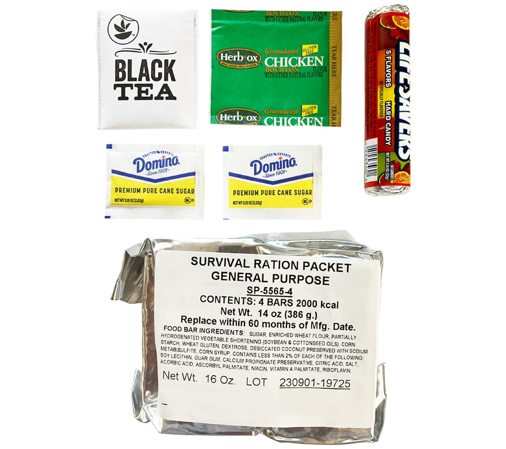 The Survival Food Ration Packet conforms to the MIL-F-43231 food packaging specification for GP Rations.