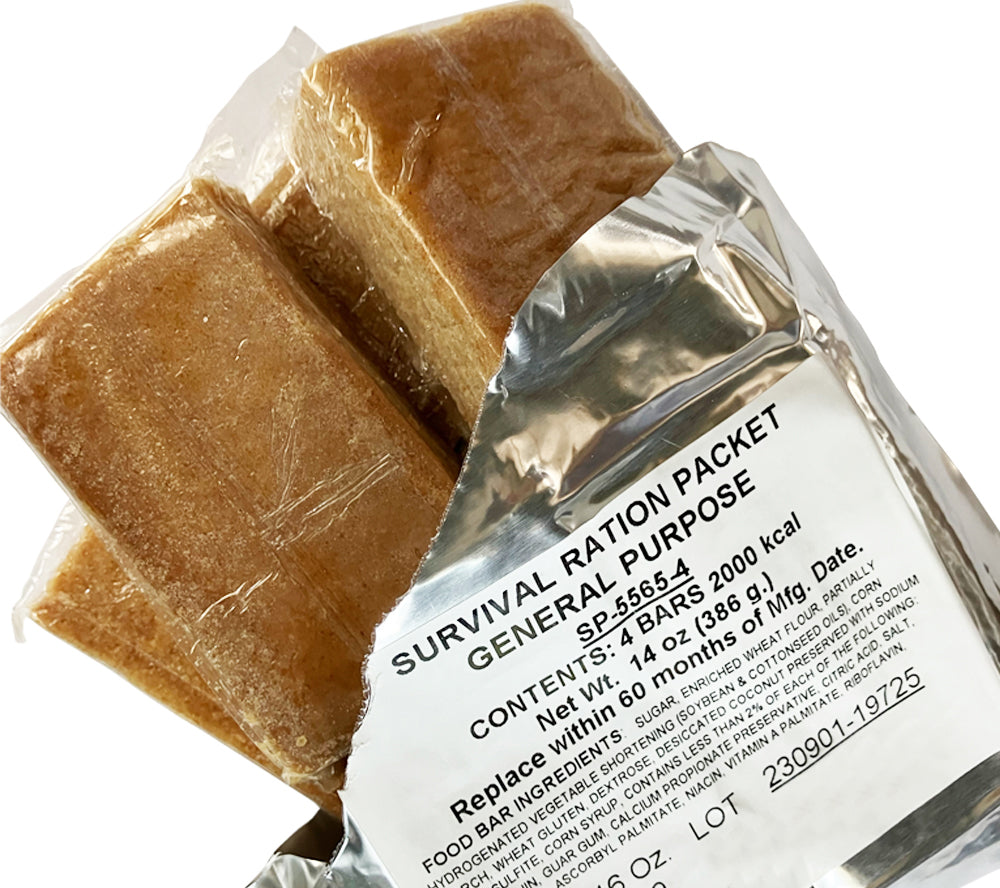 Each General Purpose Survival Ration Packet from 5col Survival Supply has four individually packaged anti-starvation ration bars providing 2000 calories, and designed for use in Aviation Life Safety Equipment (ALSE) aircraft survival kits.