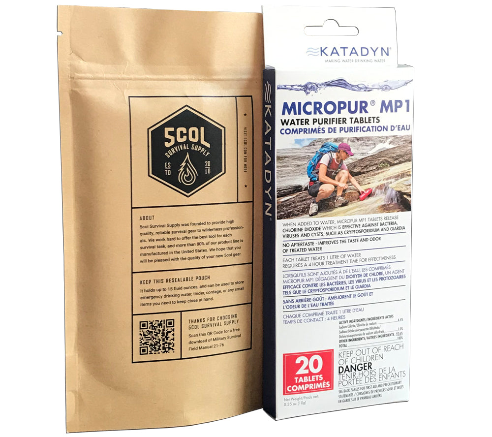 Whirl-Pak bags and Micropur tablets are manufactured in USA and Germany respectively for 5col survival supply.