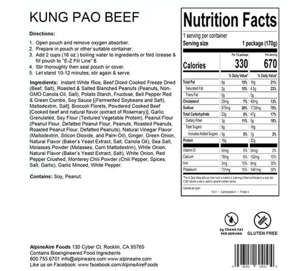 Nutritional Information for Kung Pao Beef from AlpineAire.