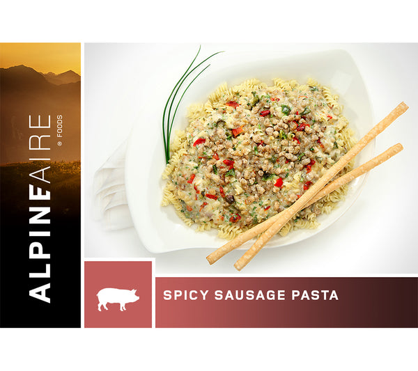 Spicy Sausage Pasta from AlpineAire is a tasty and satisfying ultralight meal for backpacking, backcountry work, and wilderness survival.