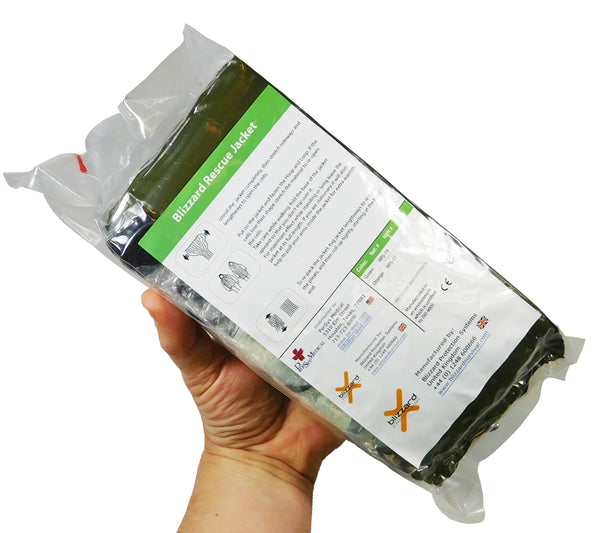 In its vacuum-sealed packaging, the Blizzard Rescue Jacket is a compact brick.