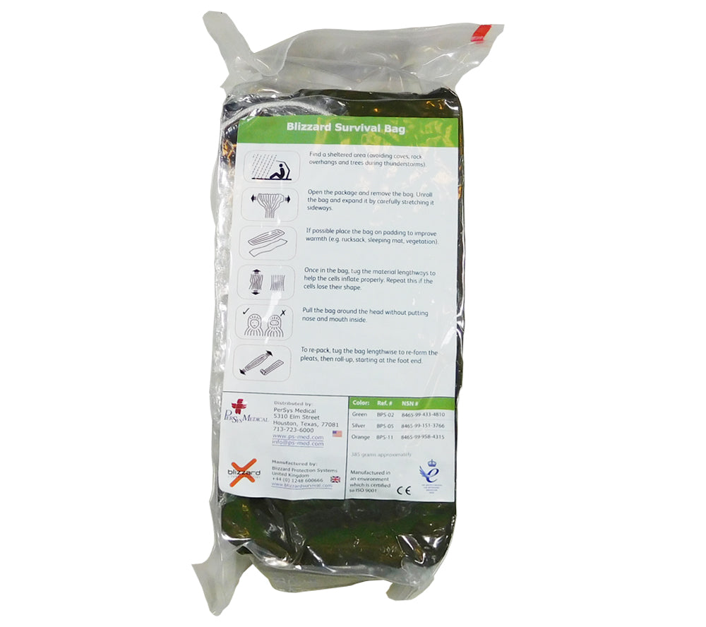 Blizzard Survival Bag (Green) vacuum sealed for easy carry and storage.
