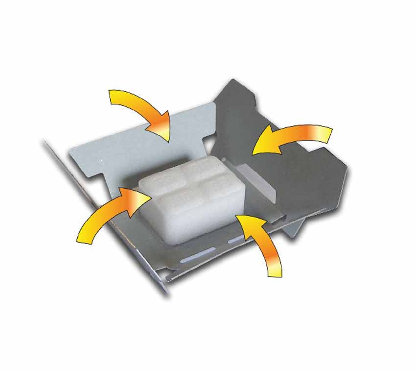 The tabs on Esbit's PSK Stove are designed to maximize air flow to the hexamine solid fuel tablet.