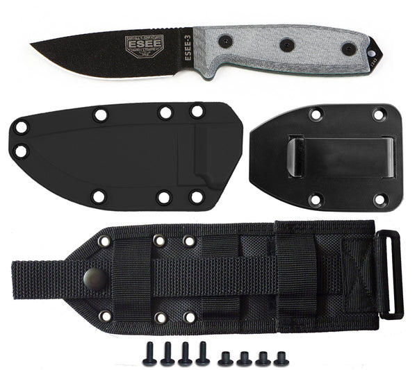 The ESEE 3P Knife with molded sheath, belt clip plate, and MOLLE back panel.