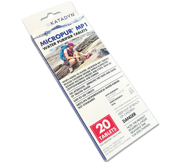 Micropur MP1 Water Treatment Tablets (20-pack). Active ingredient: Chlorine Dioxide.
