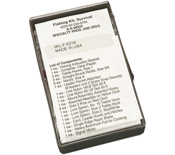 NSN 4220-00-244-0764, Part Number A-A-58025, Manufactured in USA and conforms to US military specification MIL-F-6218. Fishing Kit, Survival, Life Raft