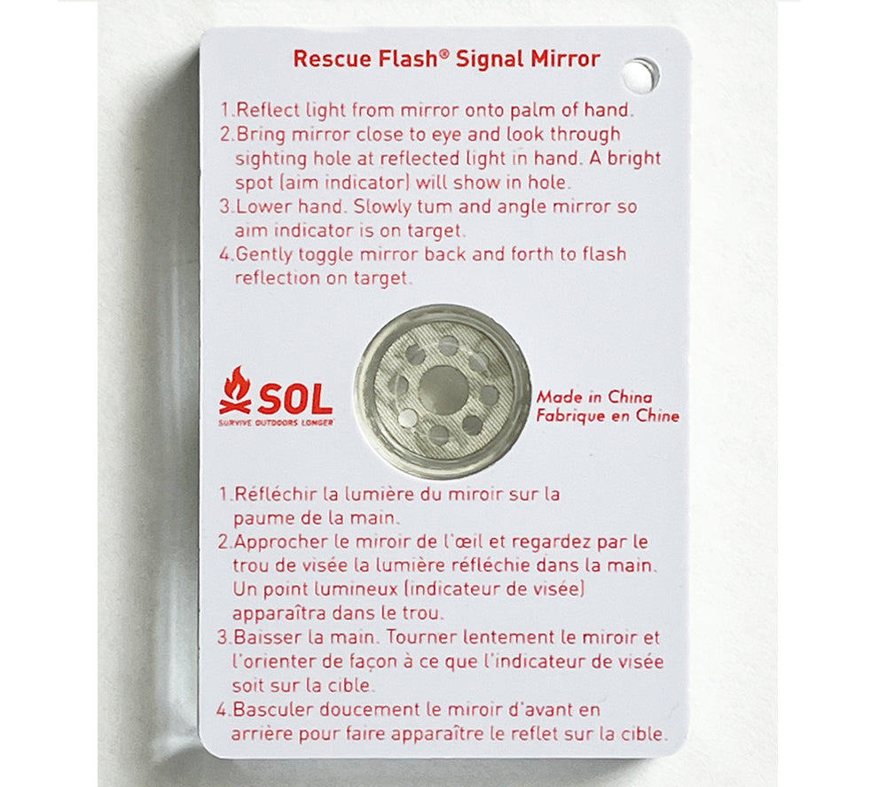 The back side of the SOL Rescue Flash Signal Mirror is printed with easy to follow instructions for aiming the mirror using the integral sighting mechanism.