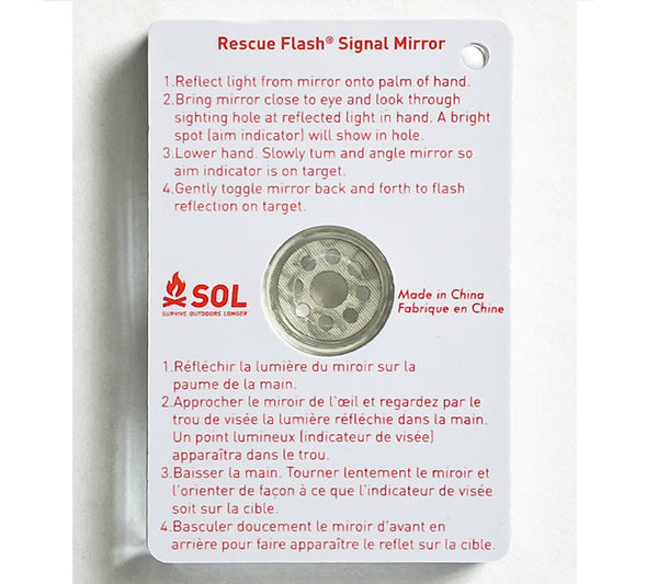 The back side of the SOL Rescue Flash Signal Mirror is printed with easy to follow instructions for aiming the mirror using the integral sighting mechanism.