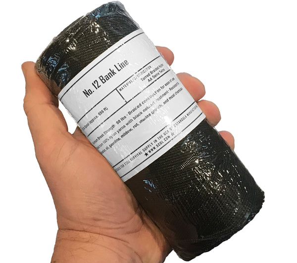 A 0.5 pound spool of 5col Survival Supply #12 Braided Bank Line holds approximately 656 ft. of twine.