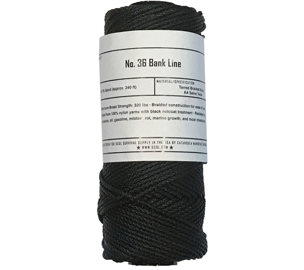 5col Survival Supply Braided Bank Line, #36 is made from tarred nylon AA Seine Twine.