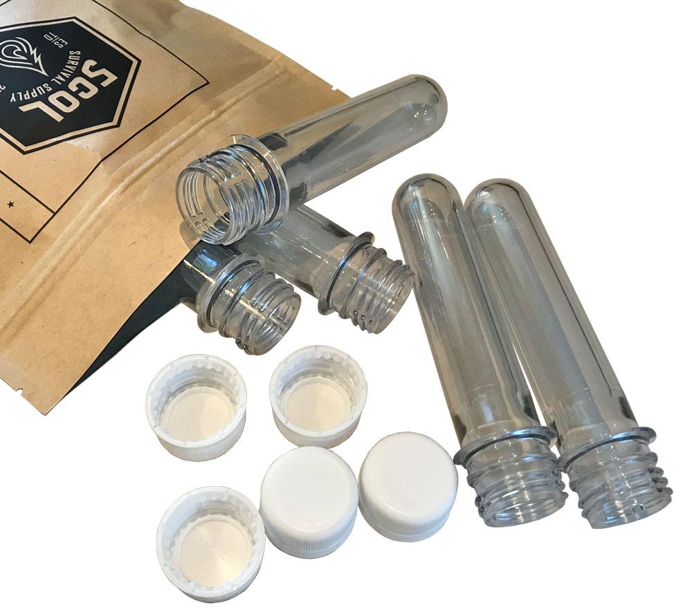 Cache Tubes from 5col Survival Supply are waterproof airtight storage containers made from soda bottle preforms with tamper-evident caps.