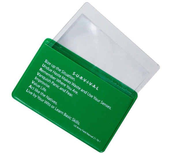 Each PVC fresnel lens comes in a protective green vinyl sleeve printed with the SURVIVAL mnemonic.