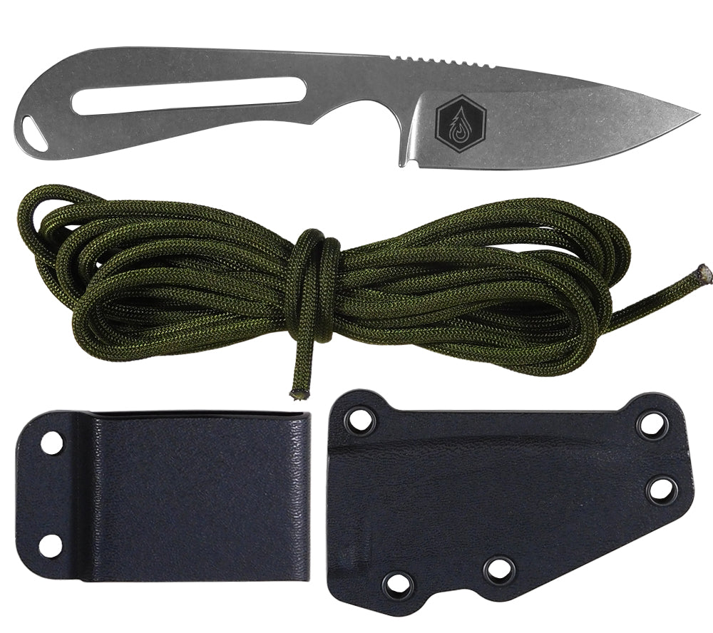 5col Backpacker Knife from White River Knife and Tool with sheath, belt clip plate, and 750 paracord