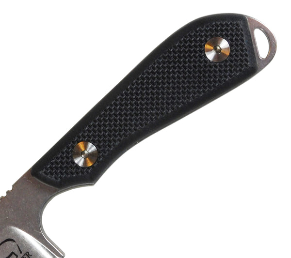 Black G10 Handles Scales bolted onto the Backpacker Knife from White River Knife and Tool.