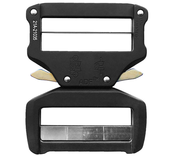 Showing the back side of the ADF Raptor Buckle with extra large brass quick release tabs, fits duty belts up to 2.25 in. wide.