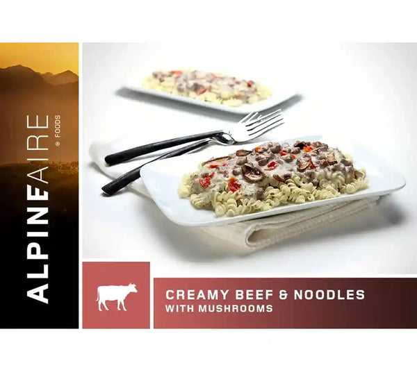 AlpineAire's Creamy Beef and Noodles freeze-dried meal is a delicious dinner for backpackers, campers, survival and emergency preparedness. Made in USA!