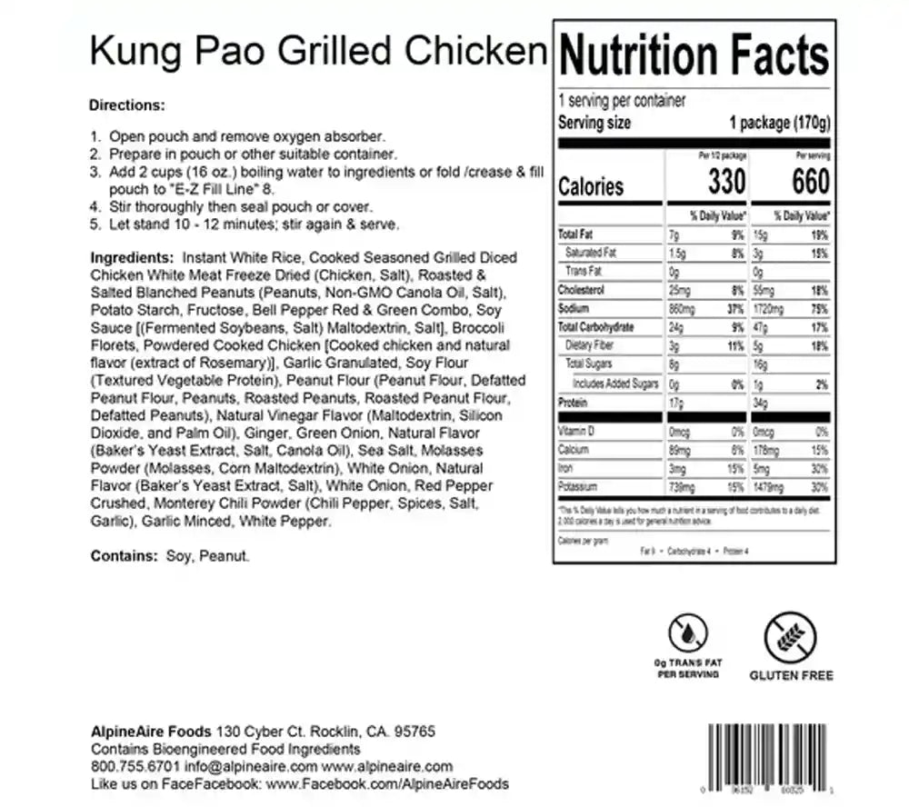 Nutritional information for AlpineAire's Kung Pao Grilled Chicken.