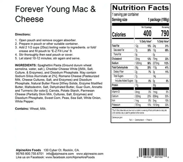Forever Young Mac and Cheese - AlpineAire Foods Freeze-Dried Meal