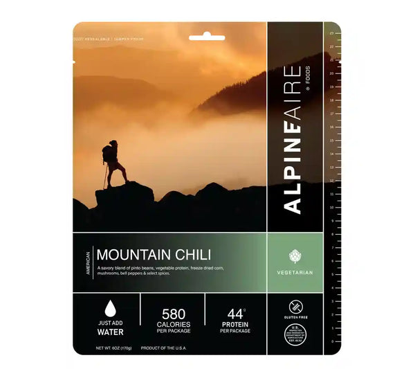 AlpineAire's Mountain Chili is a vegetarian feeze dried meal for survival, camping, backpacking, and emergency preparedness.