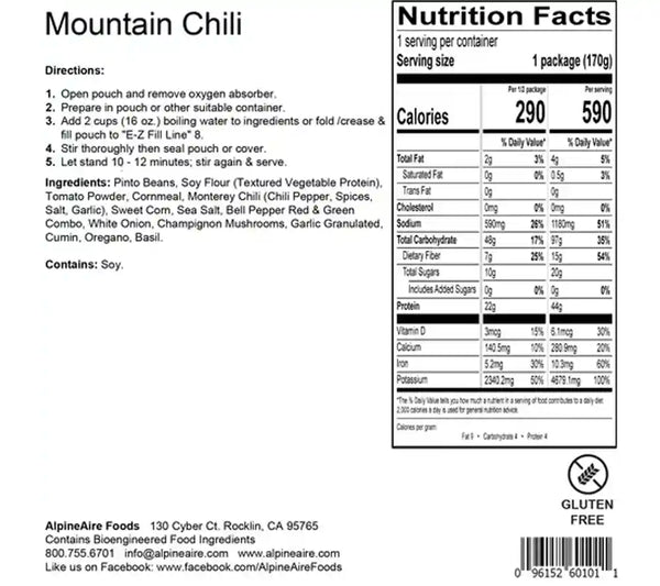 Nutritional Information for AlpineAire Mountain Chili.