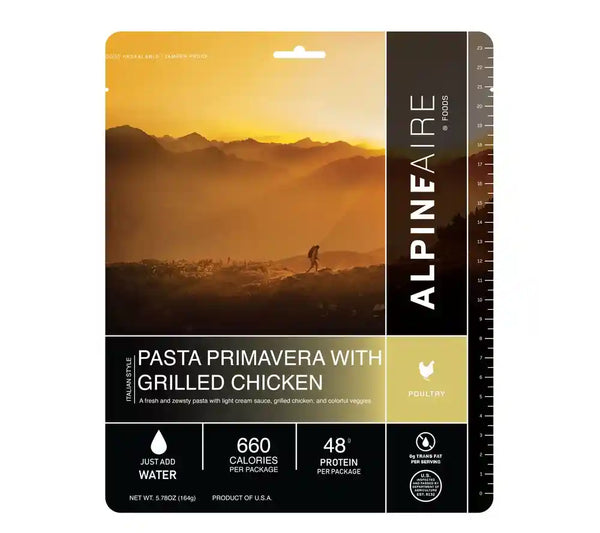 AlpineAire Pasta Primavera with Grilled Chicken is a single serving freeze dried meal perfect for emergency preparedness, survival, backpacking and camping.