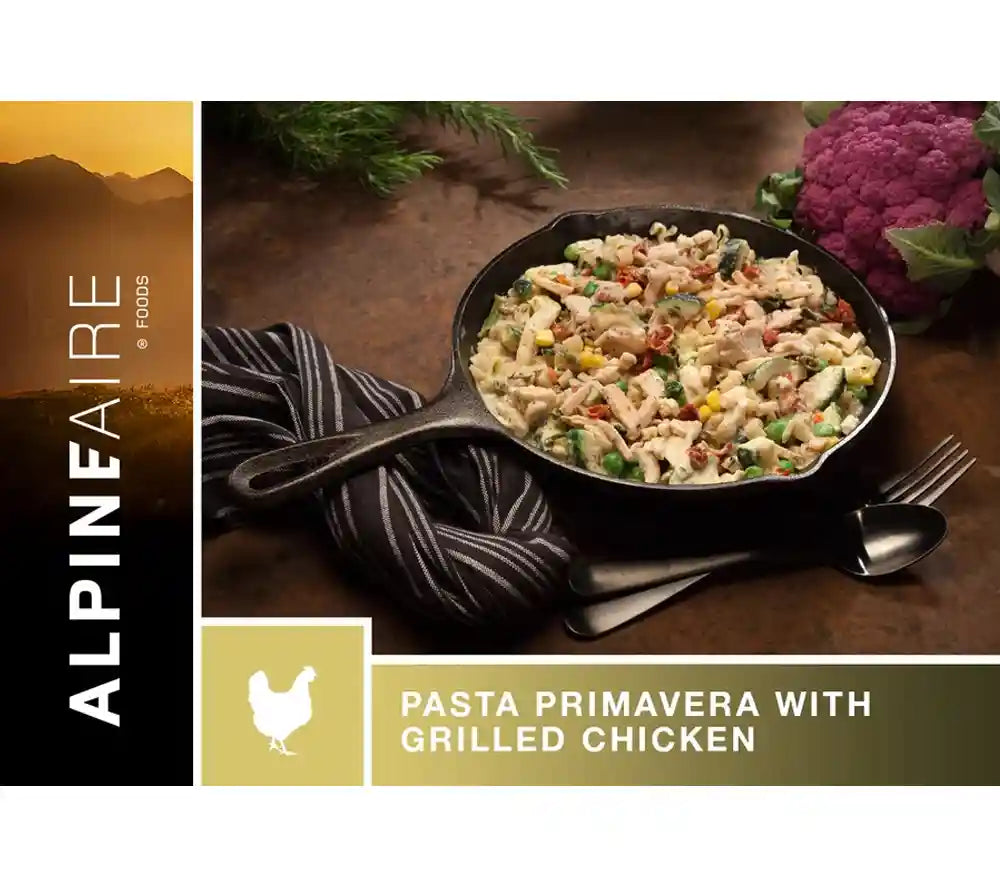Pasta Primavera with Grilled Chicken from AlpineAire features a light cream sauce, colorful veggies, and grilled chicken.