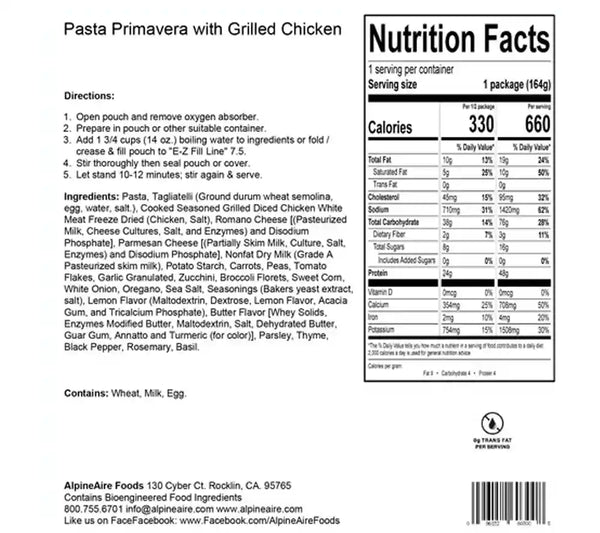 Nutritional Information for AlpineAire's Pasta Primavera with Grilled Chicken.