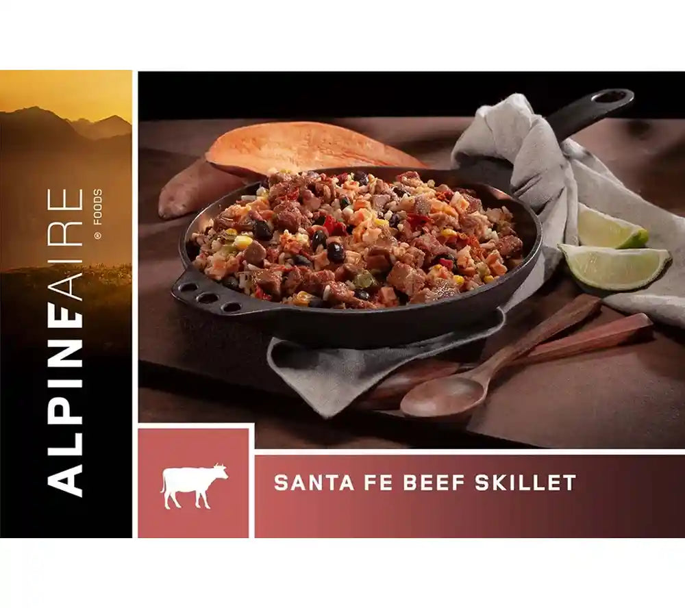 The Santa Fe Style Beef Skillet from AlpineAire has beef, rice, sweet potatoes, black beans, and peppers. Simply add water for a delicious freeze dried backpacking meal.