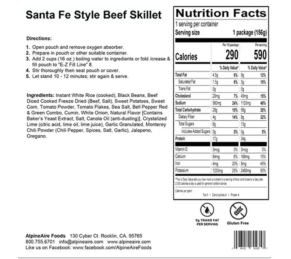 Nutritional info for AlpineAire's Santa Fe Style Beef Skillet.