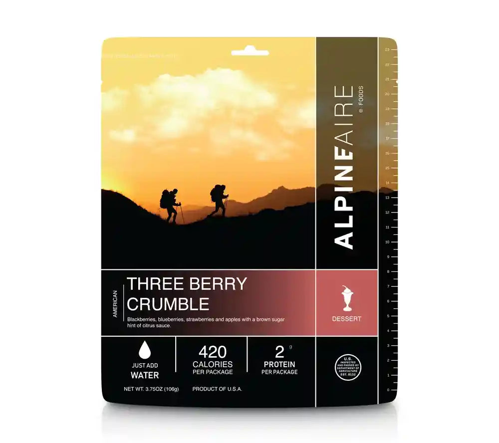 AlpineAire Three Berry Crumble is a freeze dried dessert with blackberries, blueberries, strawberries and apples with a brown sugar hint of citrus sauce.