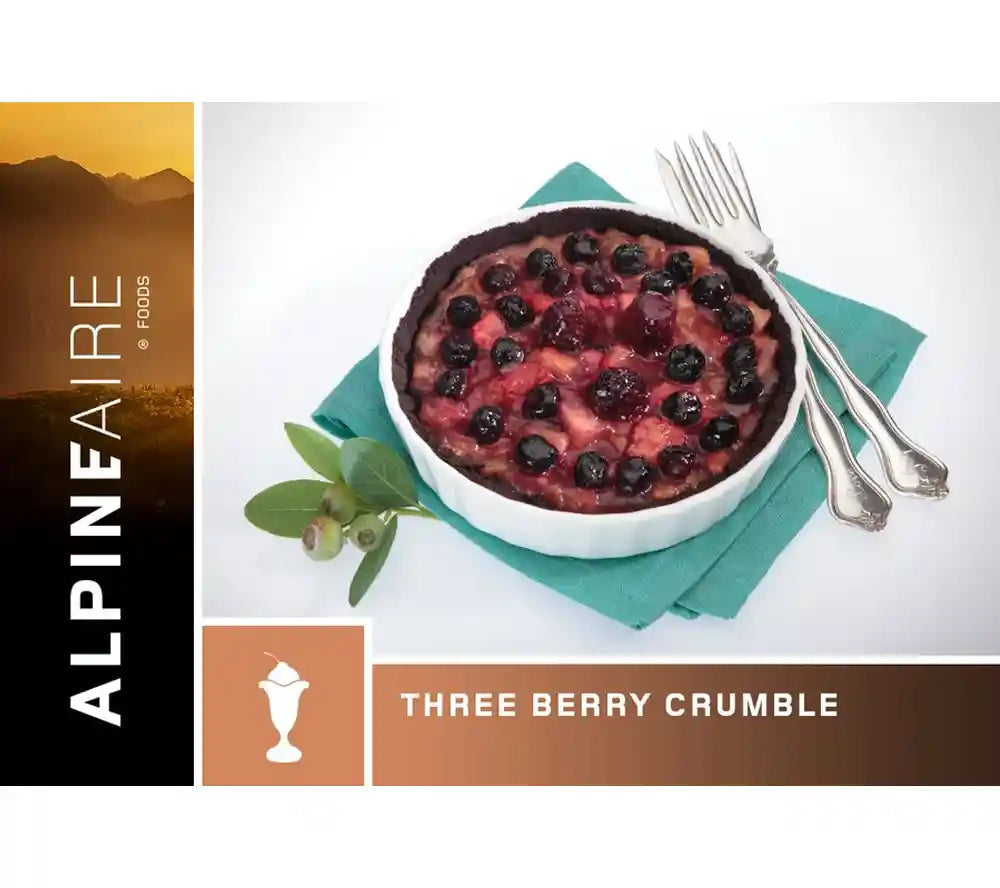 Three Berry Crumble is a freeze dried dessert ideal for camping, backpacking, wilderness survival and emergency preparedness.