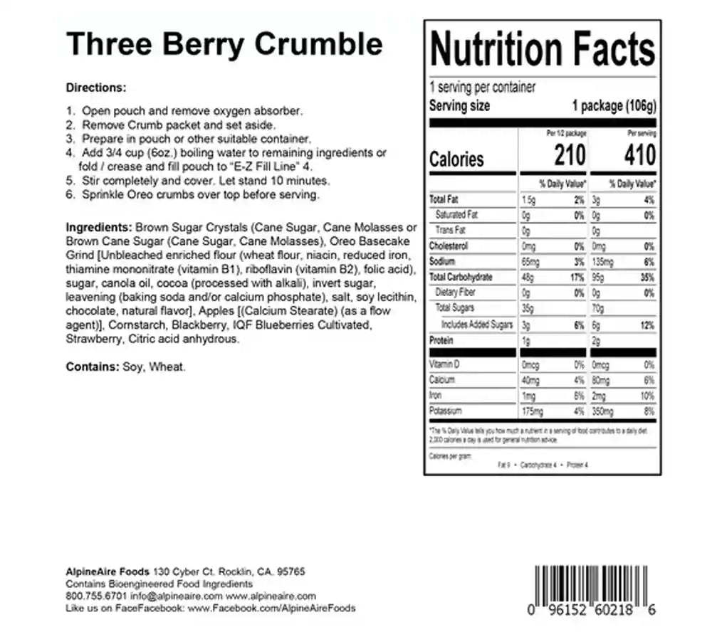 Nutritional Information for AlpineAire's Three Berry Crumble.