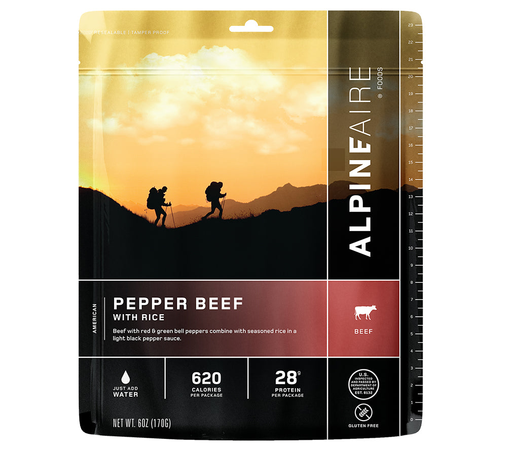 AlpineAire Foods Pepper Beef with Rice Freeze Dried meal.