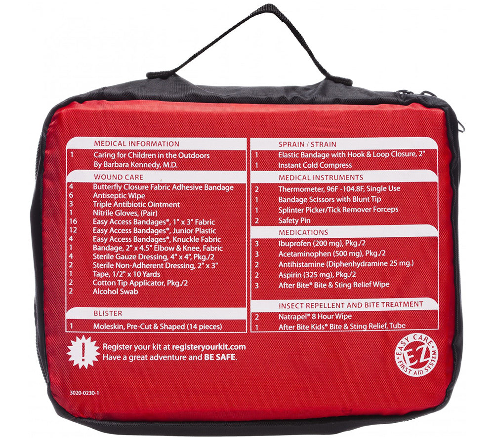 The back panel of AMK's Family First Aid Kit shows the IFAK contents list for easy inventory and maintenance.