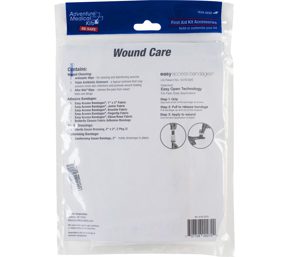 AMK's Wound Care refill kit has antiseptic wipes, antibiotic ointment, butterfly closures, bandaids, and more.