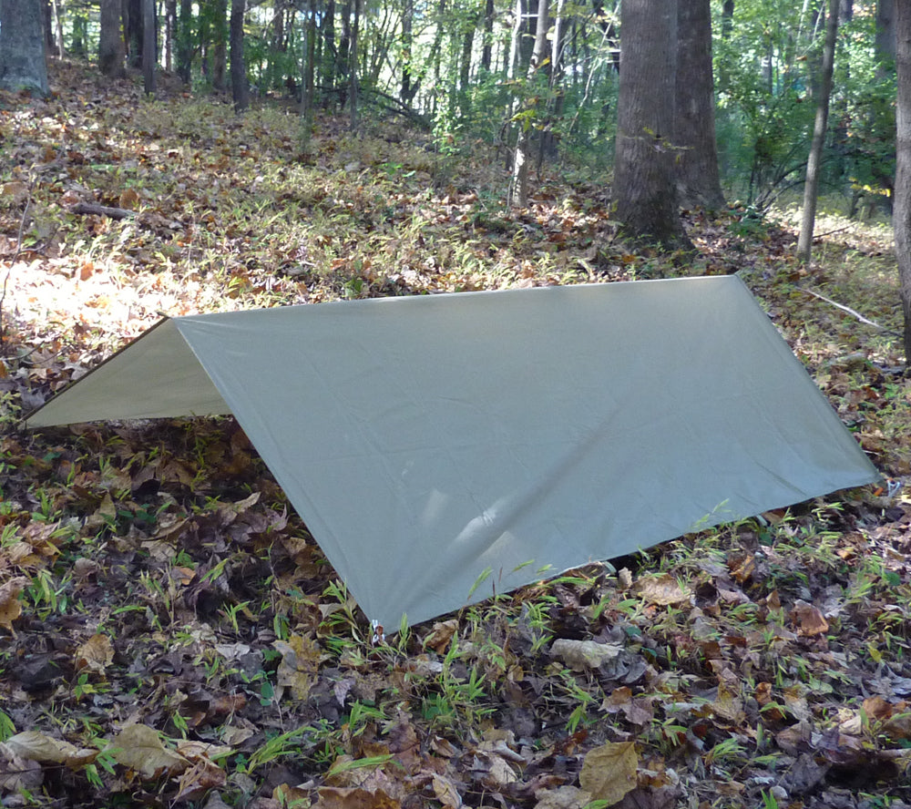 A-Frame style shelter constructed with 5x7 Ultralight Tarp from 5col Survival Supply
