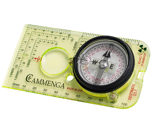 Tritium protractor compass manufactured in the USA by Cammenga. Ideal for backpacking, land navigation, and search and rescue.