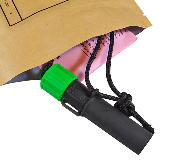 Each green SERE 70 LED light comes with instructions, lanyard, and light shield.