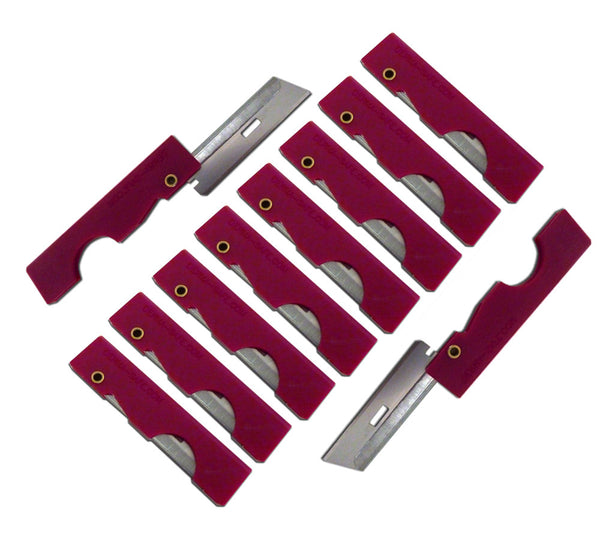 Red plastic handles in this this pack of ten Derma-Safe Utility Razors.