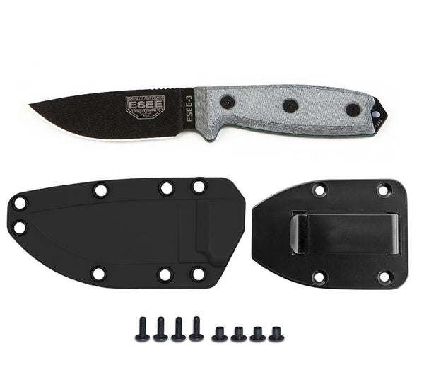ESEE Knives Model 3P Knife with plain edge, black finish, molded sheath and belt clip plate.