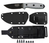 The ESEE 3P Knife with molded sheath, belt clip plate, and MOLLE back panel.