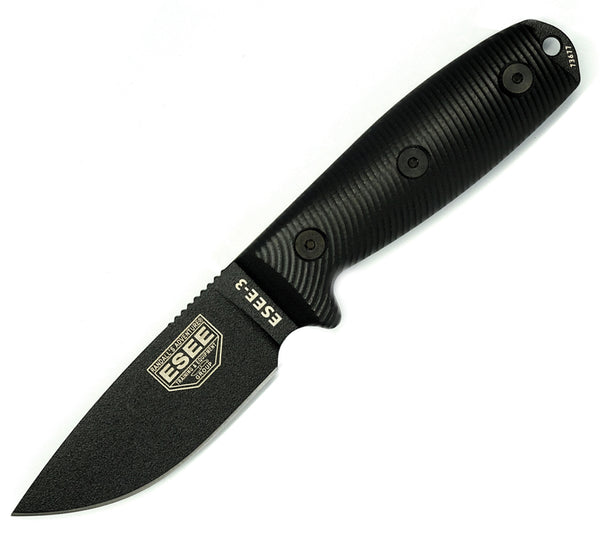 The Model 3 Knife from ESEE Knives is made from 1095 carbon steel with a Black Powdercoat finish to resist corrosion.