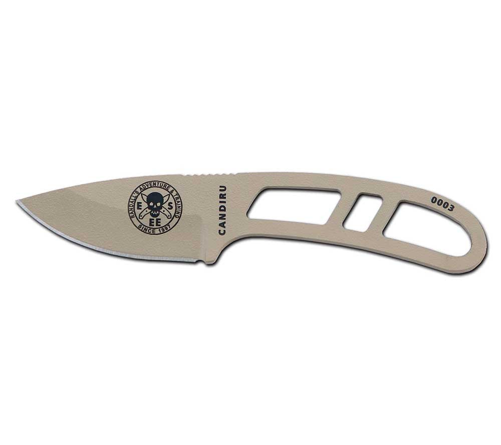Each Mess Tin Survival Kit includes an ESEE Candiru Knife, made from 1095 carbon steel with molded polypro sheath.