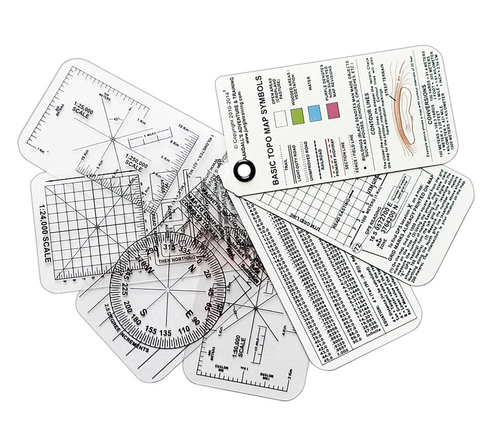 ESEE's Compass Cards include 3 front and back instruction cards and 4 transparent map overlays.