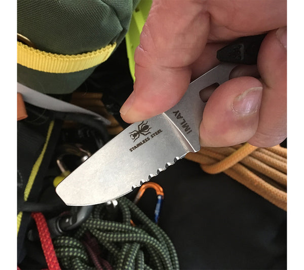 Featuring a blunted tip to protect against punctures and a serrated edge for fast rope cutting, the ESEE Knives Imlay Rescue Knife is made from stainless steel.