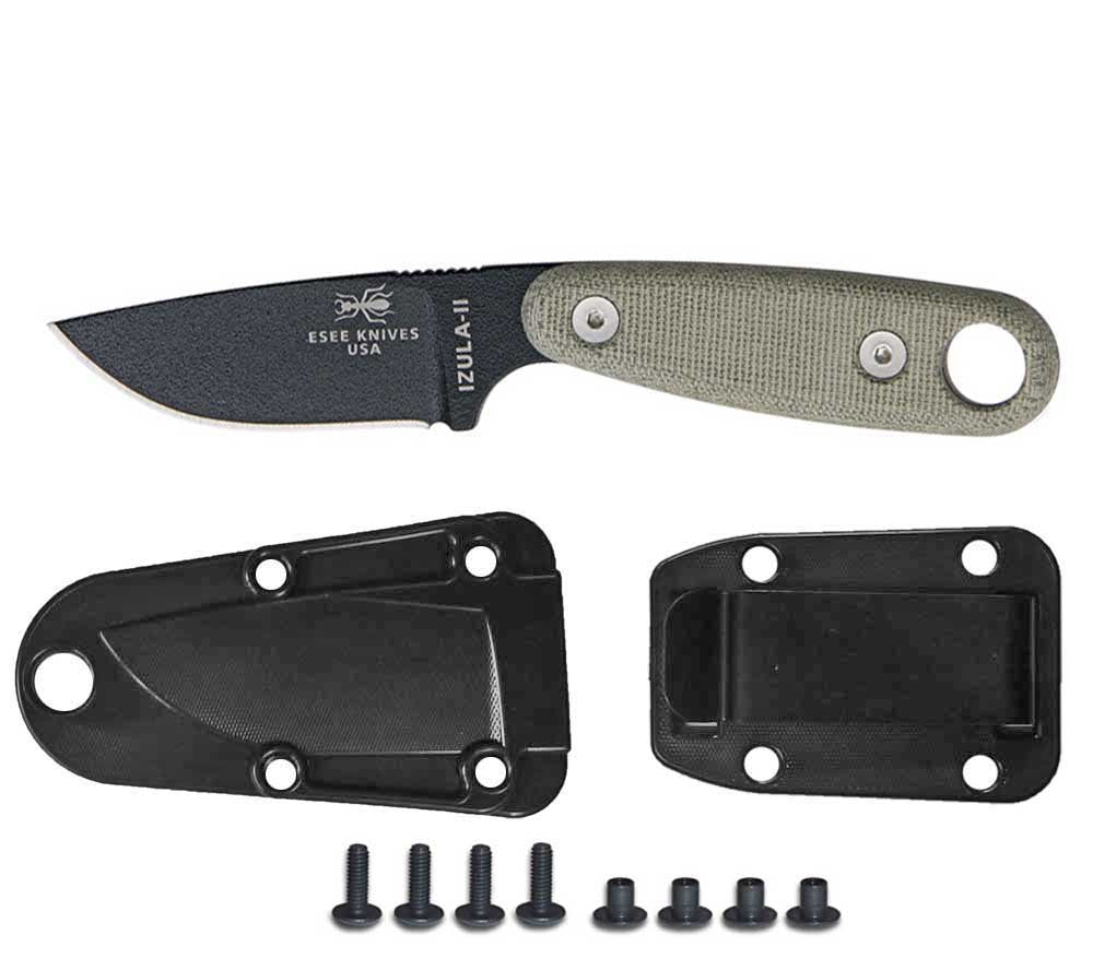 The Izula II Knife from ESEE Knives includes sheath, belt clip plate, and hardware.